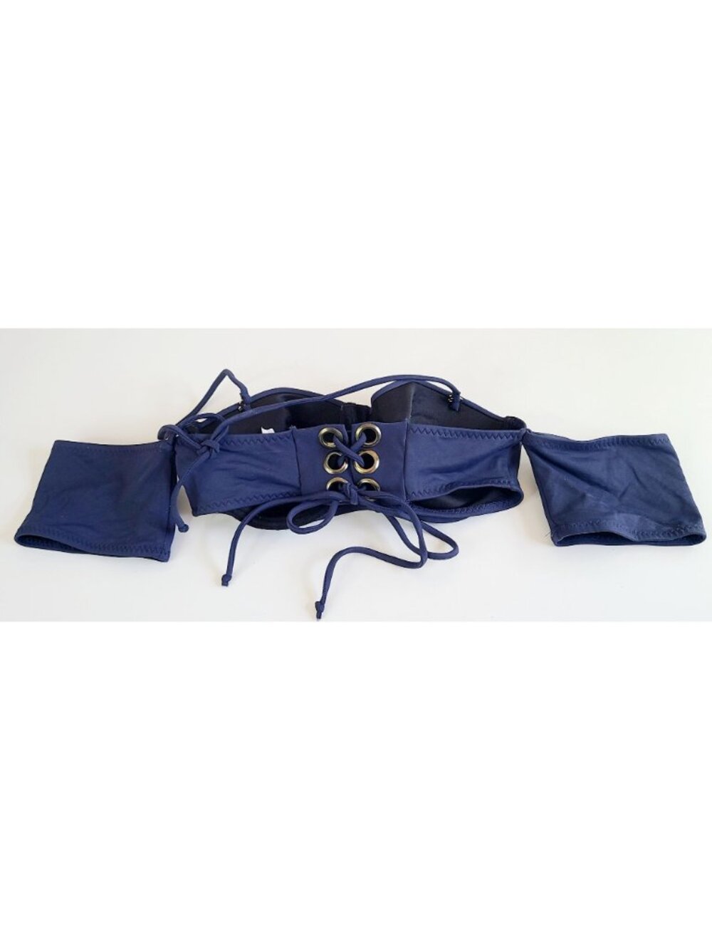 Yandy Navy Blue Bandeau Underwire Bikini Top Lace-Up Back Halter Tie Grommets - Picture 2 of 13